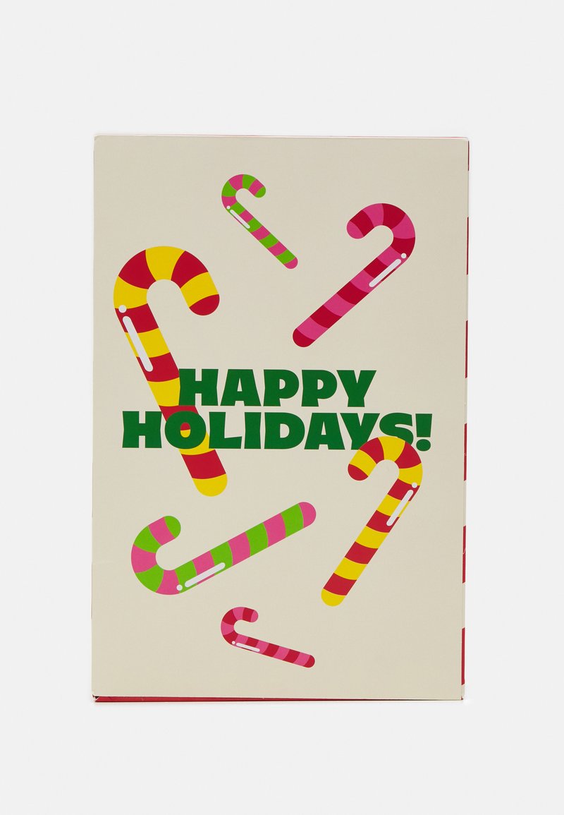 Karta świąteczna z wielokolorowymi laseczkami cukrowymi na kremowym tle oraz wyraźnym zielonym napisem: "WESOŁYCH ŚWIĄT!" Czerwono-biały pasek na krawędzi.