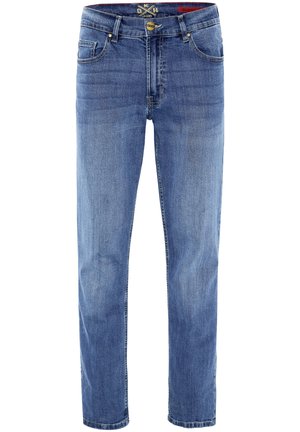 Blue denim jeans with a straight leg design, featuring five pockets, a zipper fly, and a gold-tone button. Soft texture with faded finish.