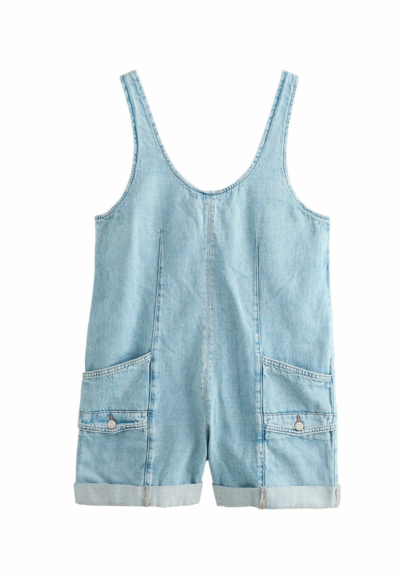 Lichtblauwe denim romper met verstelbare schouderbanden, een ronde hals, twee vo pockets en omslag short voor een relaxte pasvorm.