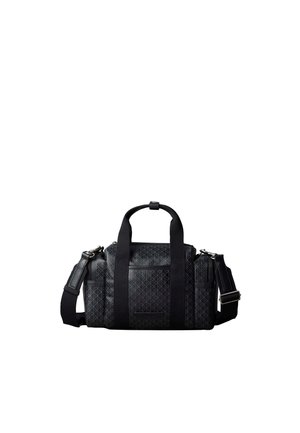 Black rectangular duffel bag with geometric pattern, dual handles, adjustable shoulder strap, and front pocket zipper on white background.