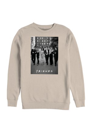 Beige sweatshirt med seks personer iført formelt tøj, der går ned ad en bys gade, med teksten "FRIENDS" nedenunder i en stiliseret skrifttype.