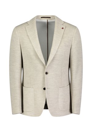 Lichtbeige blazer van gestructureerde stof met twee voorkruiden, ingezette revers en twee zwarte knopen. Binnenvoering in het grijs.