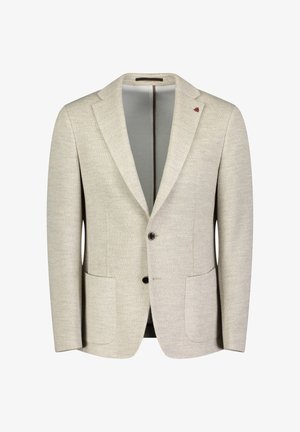 Lichtbeige blazer van gestructureerde stof met twee voorkruiden, ingezette revers en twee zwarte knopen. Binnenvoering in het grijs.