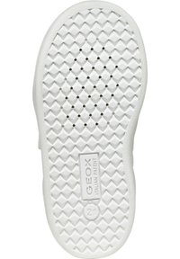 Semelle de chaussure en caoutchouc blanc avec un motif en losange, comportant des trous de ventilation et un label en relief "GEOX PATENTÉ ITALIEN".