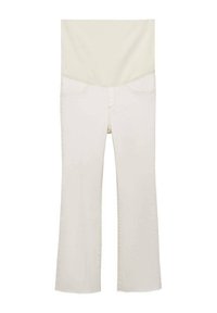 Beige utsvängda byxor i denim; har hög midja, fem fickor och en slät yta med subtila sömdetaljer.