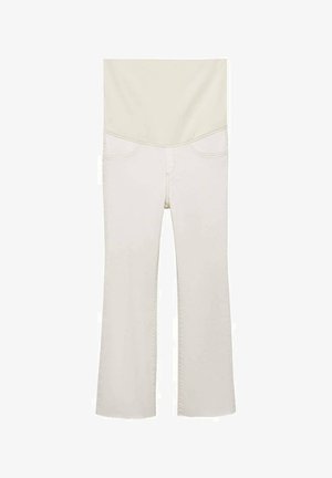 Pantaloni a campana beige in denim; presentano una vita alta, cinque tasche e una texture liscia con dettagli di cucitura discreti.