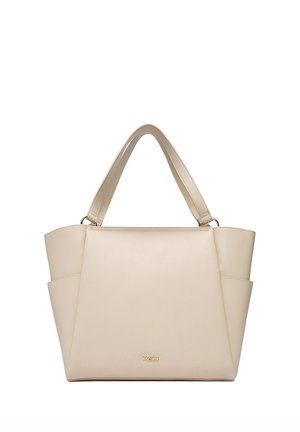 Beige struktureret håndtaske med korte håndtag, sidelommer og et lille gyldent "MEXX" logo midt foran.