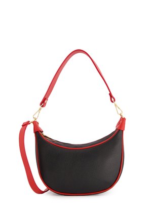 Black textured leather handbag with a curved shape, red accents, and gold hardware. Features a single shoulder strap and zipper closure.