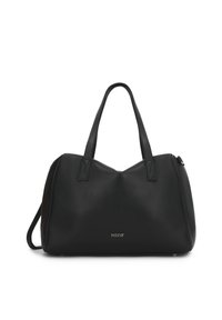 Czarna skórzana torebka na ramię z dwoma uchwytami, o zaokrąglonym kształcie i subtelnym logo. Charakteryzuje się gładką fakturą i minimalistycznym designem.