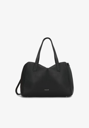 Borsa a mano in pelle nera con doppi manici, forma rotonda e un sottile accento con logo. Presenta una texture liscia e un design minimalista.