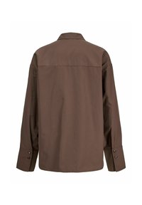 Camicia marrone a maniche lunghe con colletto, polsini abbottonati e una texture liscia. Presenta un retro dritto senza ulteriori motivi o loghi.