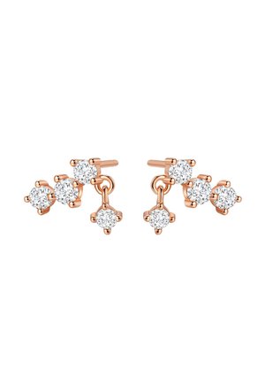Rose gold earrings featuring three circular clear gemstones set in a minimalist design with a secure backing and delicate detailing.