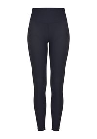 Leggings neri a coste con un alto punto vita, caratterizzati da una texture liscia e un design aderente, adatti per l'abbigliamento attivo o casual.
