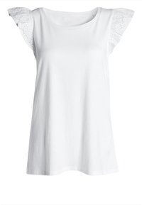 Top blanco sin mangas hecho de algodón, con mangas de encaje con volantes y un escote redondo, con un corte relajado y una textura suave.
