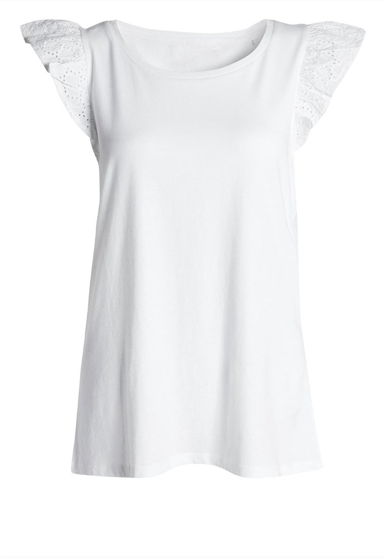Top blanco sin mangas hecho de algodón, con mangas de encaje con volantes y un escote redondo, con un corte relajado y una textura suave.