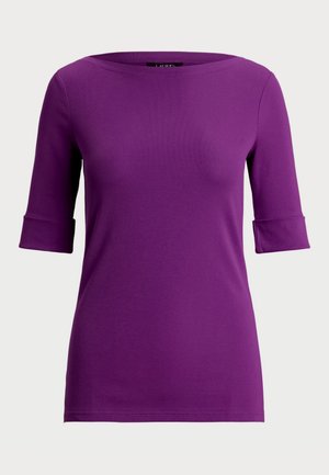 Purple short-sleeve top with a boatneck design, smooth texture, and folded cuffs. Constructed from a stretchy, comfortable fabric.