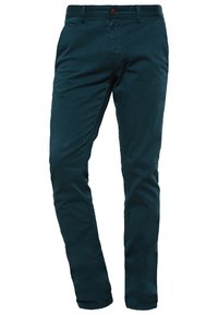 Pantalon décontracté pour homme, slim, en bleu sarcelle foncé, avec fermeture avant à boutons et fermeture éclair, passants pour ceinture et poches latérales.