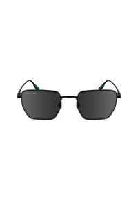 Occhiali da sole neri con montatura esagonale e lenti grigie. Presentano accenti verdi sulle tempie e hardware argentato. Design minimalista.