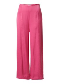 Rosa weit geschnittene Hosen aus glattem, leichtem Stoff. Sie besitzen eine hohe Taille mit sauberen Nähten und bieten eine fließende Silhouette sowie Textur.