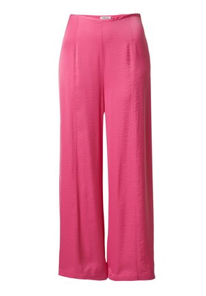 Roze wijde broek van glad, lichtgewicht materiaal. Heeft een hoge taille met schone naden, wat een vloeiende silhouet en textuur biedt.