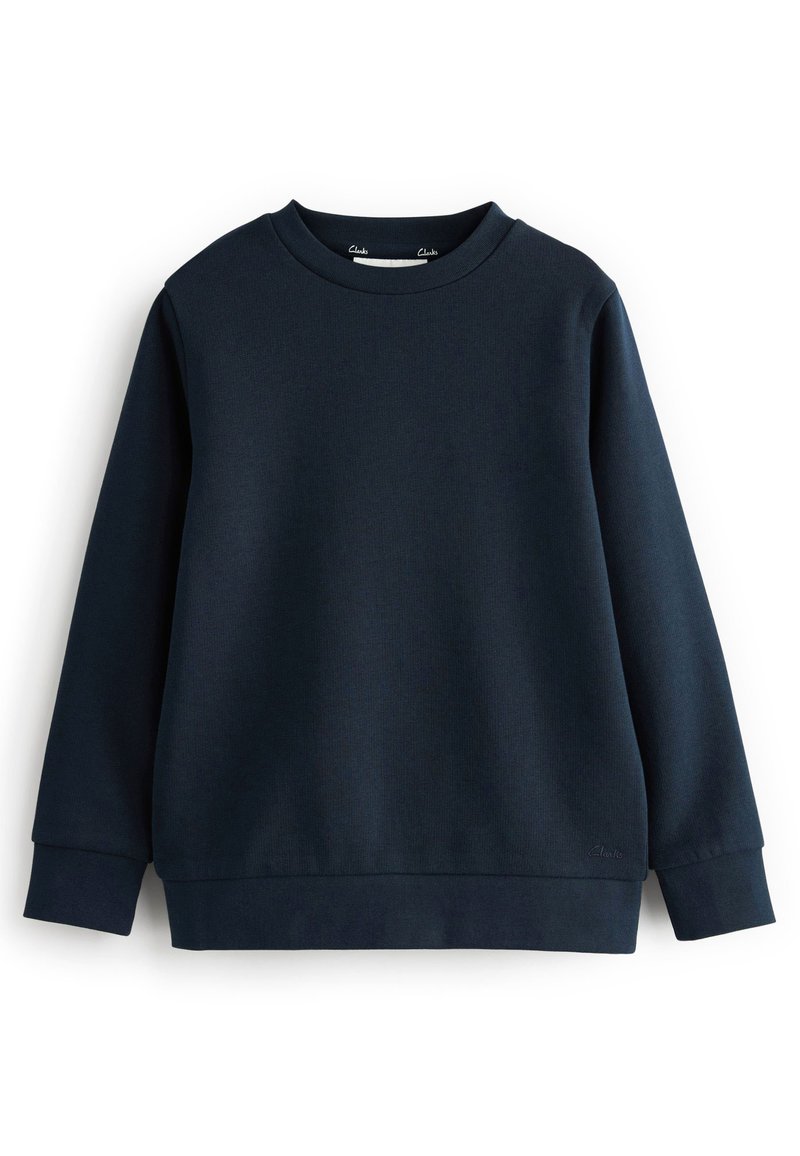 Felpa blu navy realizzata in tessuto testurizzato, con colletto tondo, maniche lunghe e polsini a coste con un piccolo logo sul bordo.