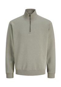 Ανοιχτό γκρι μακρυμάνικο πουλόβερ με ριμπ μανσέτες, τελείωμα, γιακά που στέκεται και μπροστινό άνοιγμα με μισό φερμουάρ.