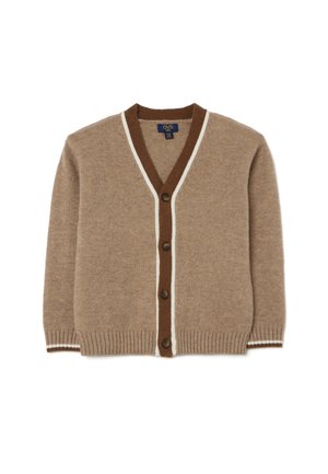 Beige cardigan met een V-hals, bruine geribde kraag en witte afwerking. Voorzien van vijf bruine knopen en geribde manchetten. Zachte textuur.