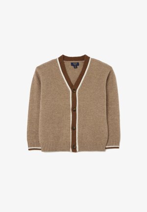 Beige cardigan with a V-neck, brown ribbed collar, and white trim. Features five brown buttons and ribbed cuffs. Soft texture.