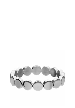 Silver bracelet composed of linked flat circular metal discs with a polished finish forming a continuous band.