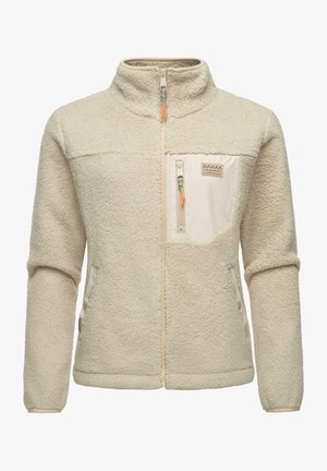 Giacca in pile di un beige chiaro con colletto alto, chiusura con zip e tasca sul petto. Presenta un tessuto testurizzato e polsini elasticizzati.