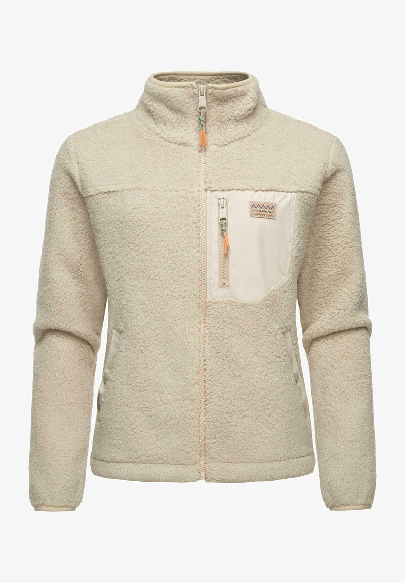 Fleecejack in lichtbeige met een hoge kraag, rits sluiting en een borstzak. Beschikt over een gekoratene stof en elastische cuffs.
