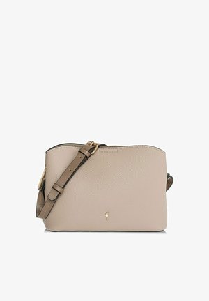 Beżowa skórzana torba na ramię o teksturowanym wykończeniu, z regulowanym paskiem, złotymi akcentami oraz zapięciem na zamek. Kompaktowy prostokątny kształt.