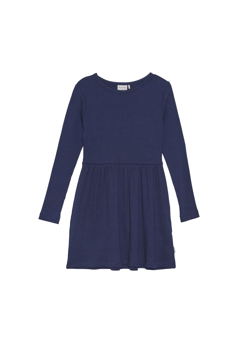Marineblaues Langarmkleid mit tailliertem Oberteil, ausgestelltem Rock, gerippter Textur und rundem Ausschnitt. Weicher, elastischer Stoff.