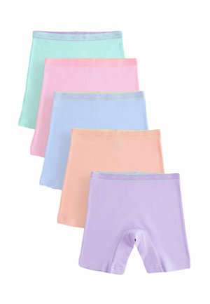 Five pairs of pastel-colored stretchy shorts, stacked in green, pink, blue, peach, and purple shades with elastic waistbands.
