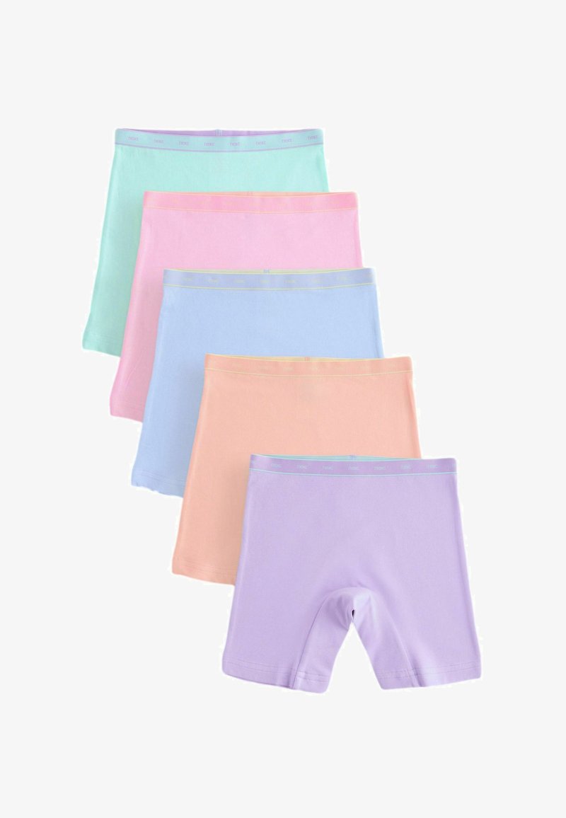 Cinq paires de shorts extensibles aux couleurs pastel, empilées dans des tons vert, rose, bleu, pêche et violet avec des ceintures élastiques.