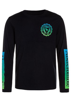 Schwarzes Langarmshirt mit Abercrombie & Fitch-Logo auf der Brust und blau-grünem Farbverlaufstext auf beiden Ärmeln.