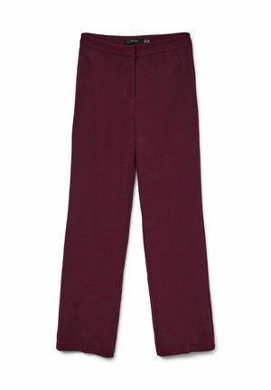 Pantalons larges bourgogne en tissu lisse avec une taille plate et sans matériel ou motifs visibles. Bords propres et ajustés.