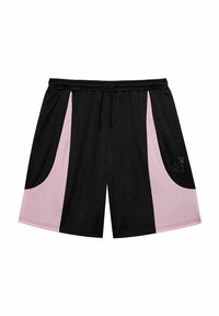 Czarne sportowe szorty z pionowym prążkowanym wzorem, z różowymi bocznymi panelami i detalem z logo. Regulowany pasek w talii ze sznurkiem.