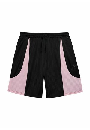 Schwarze sportliche Shorts mit vertikaler gerippter Textur, ausgestattet mit rosa Seitenpanelen und einem Logo-Detail. Verstellbarer Kordelzugbund.