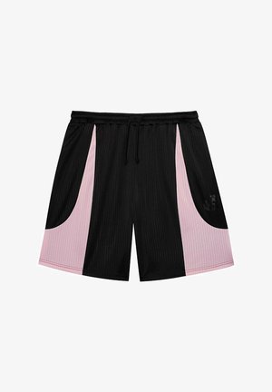 Czarne sportowe szorty z pionowym prążkowanym wzorem, z różowymi bocznymi panelami i detalem z logo. Regulowany pasek w talii ze sznurkiem.