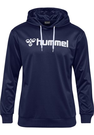 Mörkblå huva-tröja gjord av slät tyg med en vit "hummel"-logotyp framtill. Inkluderar dragsnören och ribbade muddkanter.