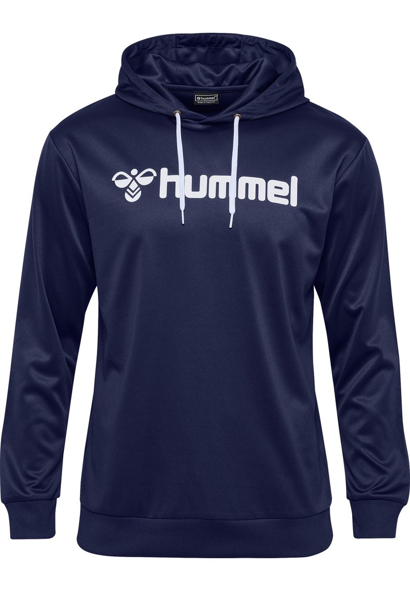 Marineblauwe hoodie gemaakt van gladde stof, met een wit "hummel" logo op de voorkant. Inclusief trekkoorden en geribbelde boorden.