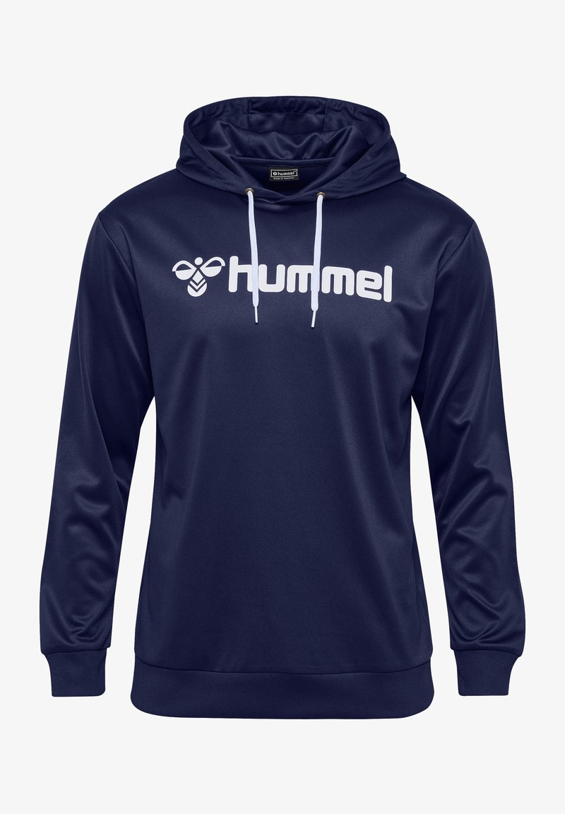 Marineblauwe hoodie gemaakt van gladde stof, met een wit "hummel" logo op de voorkant. Inclusief trekkoorden en geribbelde boorden.