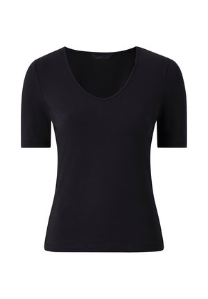 Zwart aansluitend T-shirt met korte mouwen, V-hals, gladde stof en eenvoudig zoomdetail.