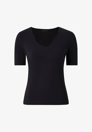 T-shirt noir à manches courtes à col en V, cintré, en tissu lisse avec un ourlet simple.