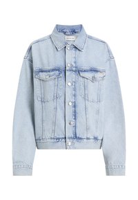 Lichtblauwe denimjack met een kraag, twee voorzakken, zilveren knopen en opgerolde mouwen. Verweerde textuur overal.