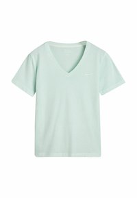 Lys mintgrøn bomulds T-shirt med V-udskæring, korte ærmer og en afslappet pasform. Har et diskret logo på venstre brystområde.