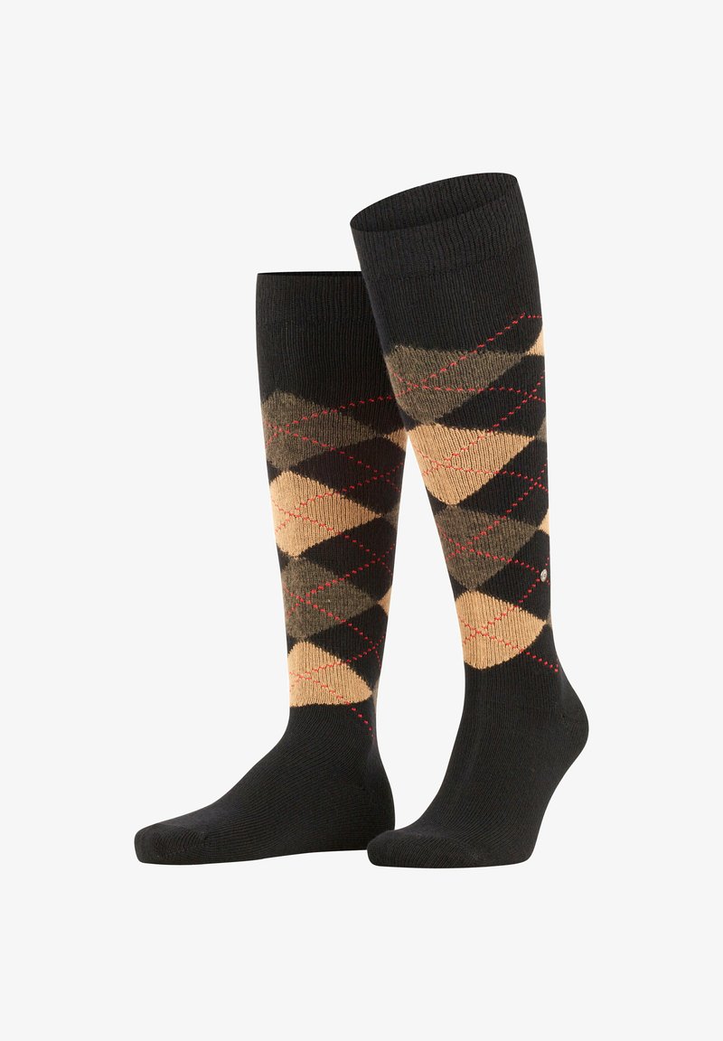 Calze al ginocchio nere con un motivo a diamante in tonalità color sabbia e verde oliva, accentuate da linee rosse. Realizzate in un materiale morbido e resistente.