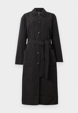 Čierny dlhý trench coat s opaskom a gombíkovým zapínaním, dvoma veľkými prednými vreckami a jedným vreckom na hrudi.