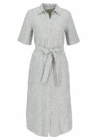 Abito camicia in lino a righe con maniche corte, chiusura frontale con bottoni e cintura in vita. Caratterizzato da una palette di colori chiara di bianco e blu navy.